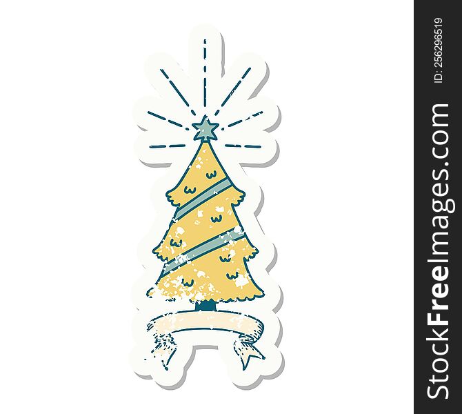 grunge sticker of tattoo style christmas tree with star