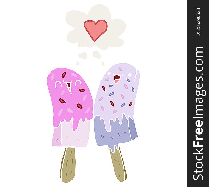 cartoon ice lolly in love with thought bubble in retro style