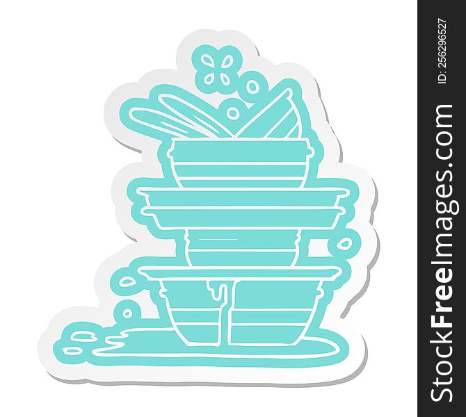 cartoon sticker of a stack of dirty plates