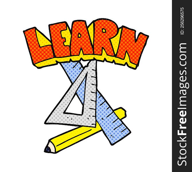 cartoon pencil and ruler under Learn symbol