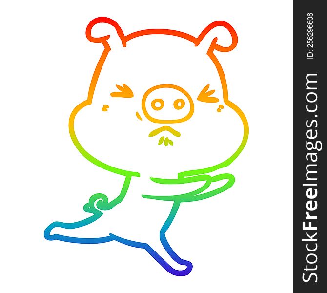 Rainbow Gradient Line Drawing Cartoon Annoyed Pig Running