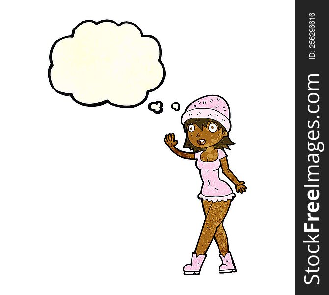 Cartoon Pretty Girl In Hat Waving With Thought Bubble