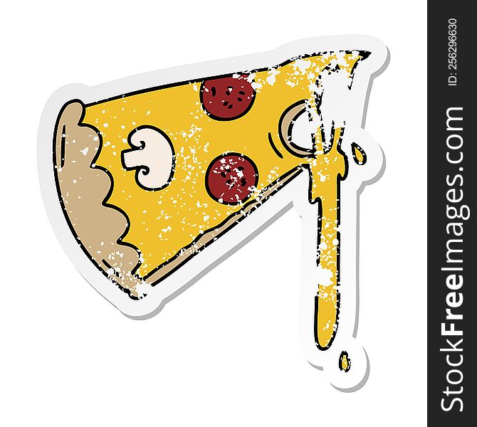 distressed sticker of a quirky hand drawn cartoon slice of pizza