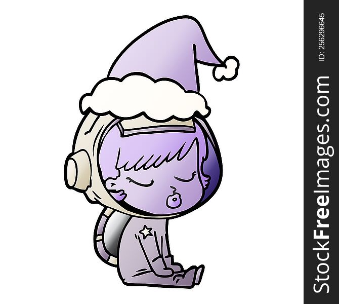 gradient cartoon of a pretty astronaut girl sitting waiting wearing santa hat