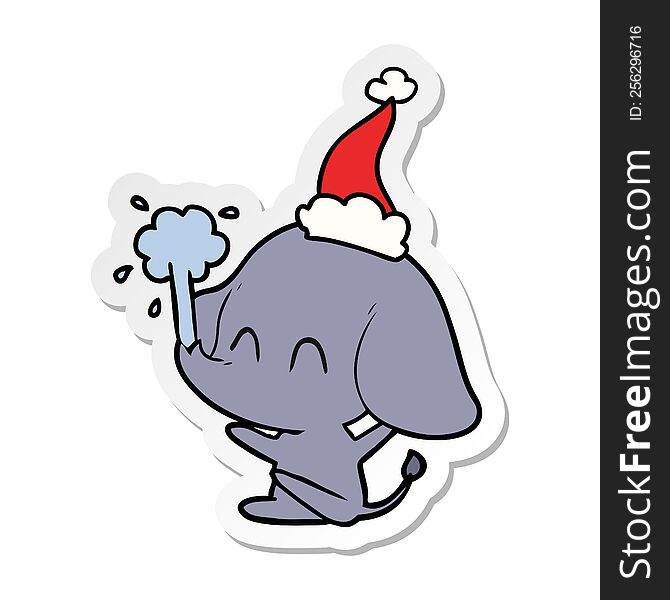 cute hand drawn sticker cartoon of a elephant spouting water wearing santa hat