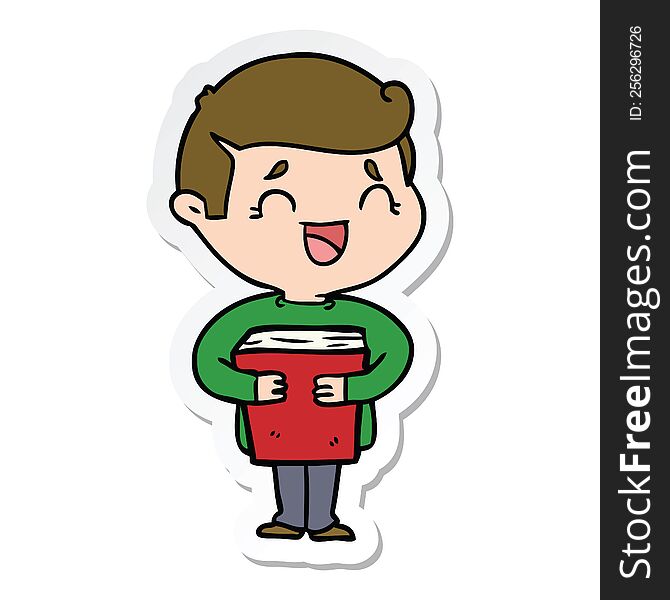 sticker of a cartoon laughing man holding book