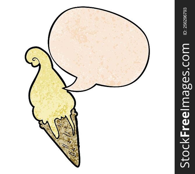 Cartoon Ice Cream And Speech Bubble In Retro Texture Style