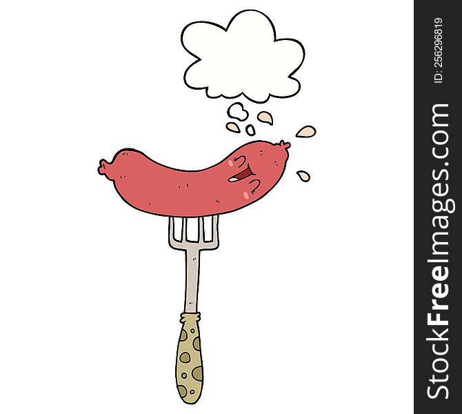 Cartoon Happy Sausage On Fork And Thought Bubble