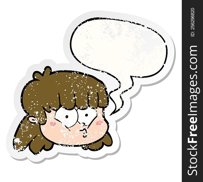 cartoon female face with speech bubble distressed distressed old sticker. cartoon female face with speech bubble distressed distressed old sticker