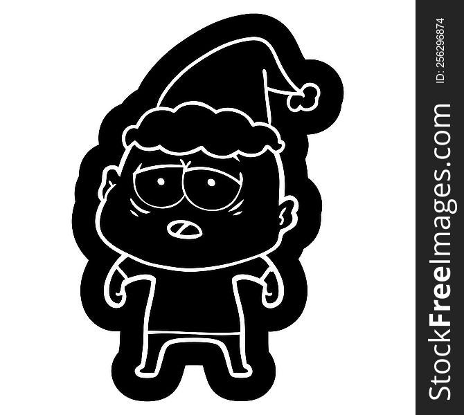 quirky cartoon icon of a tired bald man wearing santa hat