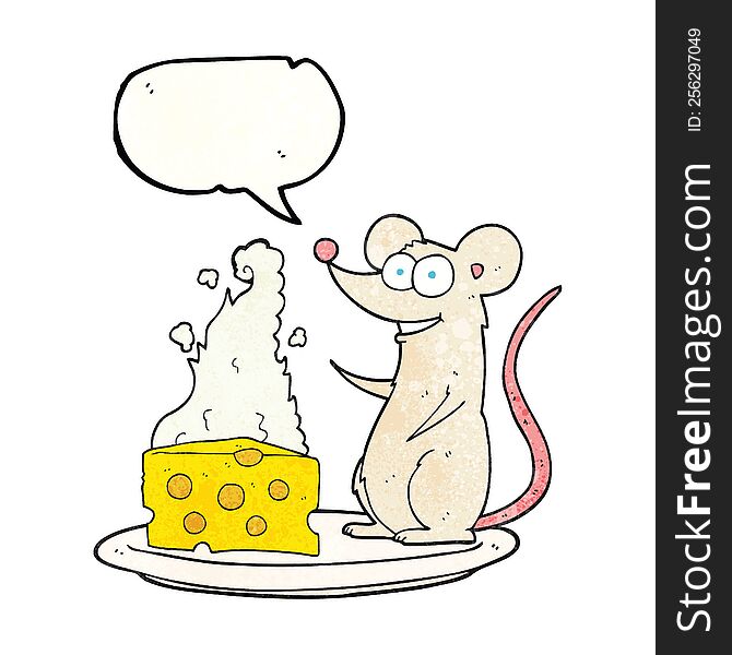 freehand speech bubble textured cartoon mouse with cheese