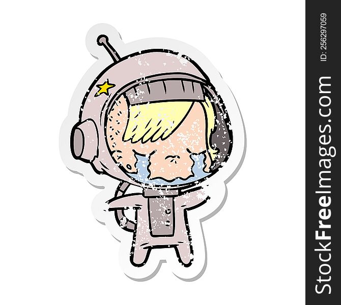 distressed sticker of a cartoon crying astronaut girl