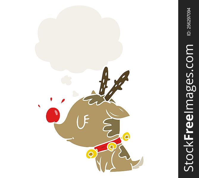 cartoon christmas reindeer with thought bubble in retro style