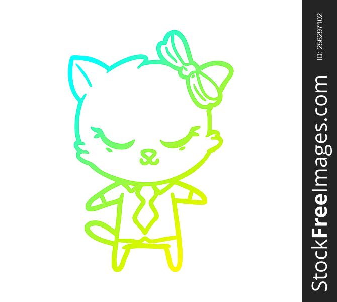 cold gradient line drawing of a cute cartoon business cat with bow