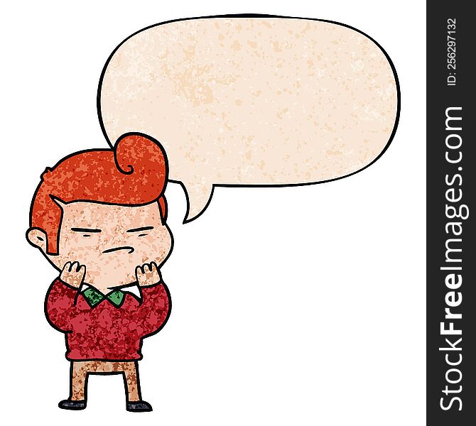 cartoon cool guy with fashion hair cut with speech bubble in retro texture style. cartoon cool guy with fashion hair cut with speech bubble in retro texture style