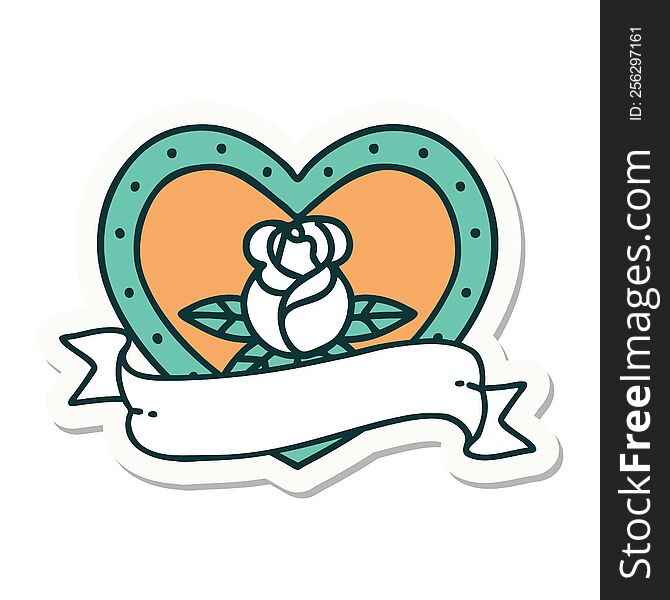 sticker of tattoo in traditional style of a heart rose and banner. sticker of tattoo in traditional style of a heart rose and banner