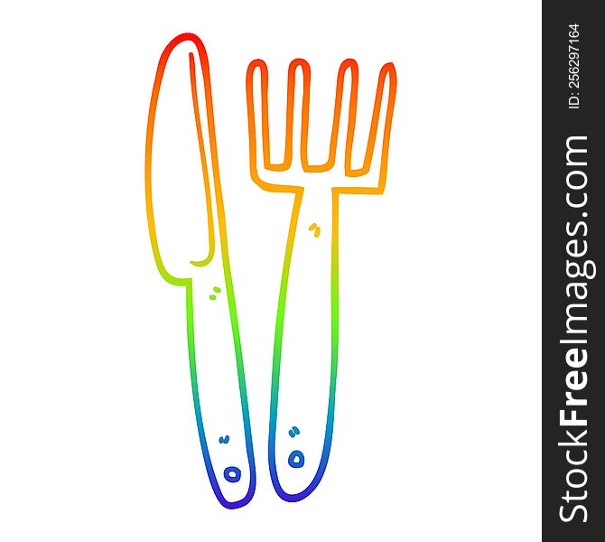 Rainbow Gradient Line Drawing Cartoon Knife And Fork