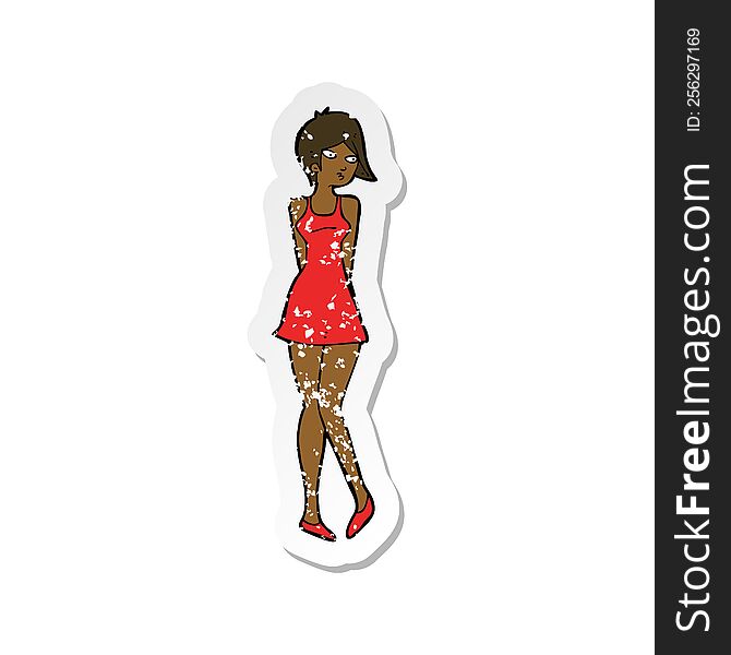Retro Distressed Sticker Of A Cartoon Pretty Woman In Dress
