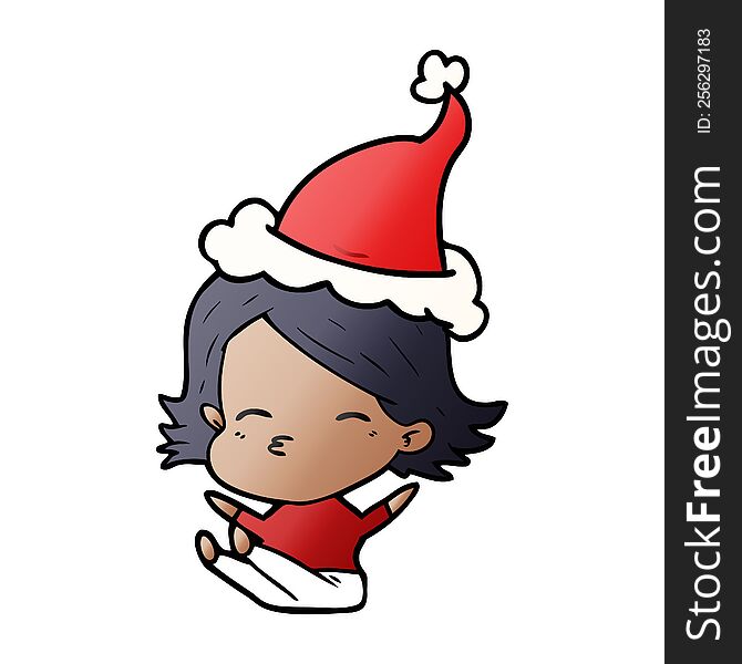 Gradient Cartoon Of A Woman Sitting Wearing Santa Hat
