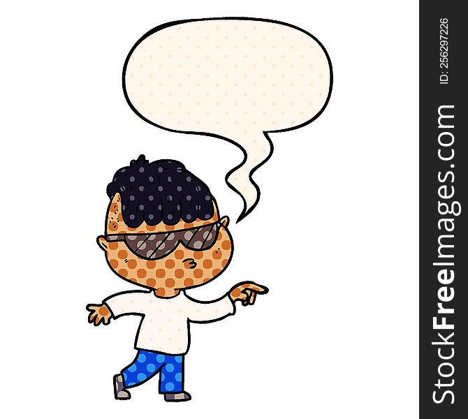 cartoon boy wearing sunglasses pointing with speech bubble in comic book style