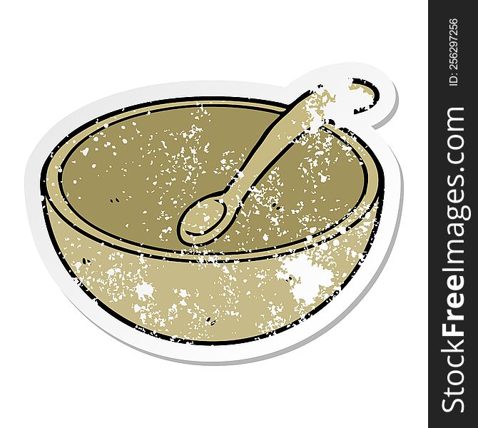 distressed sticker of a cartoon wooden bowl and spoon