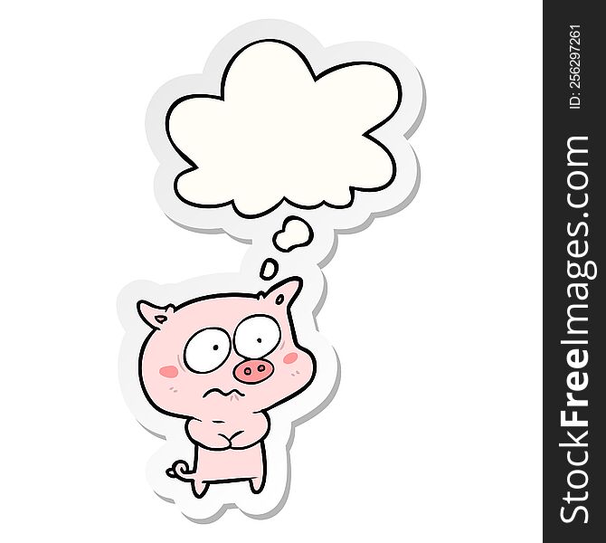 cartoon nervous pig with thought bubble as a printed sticker