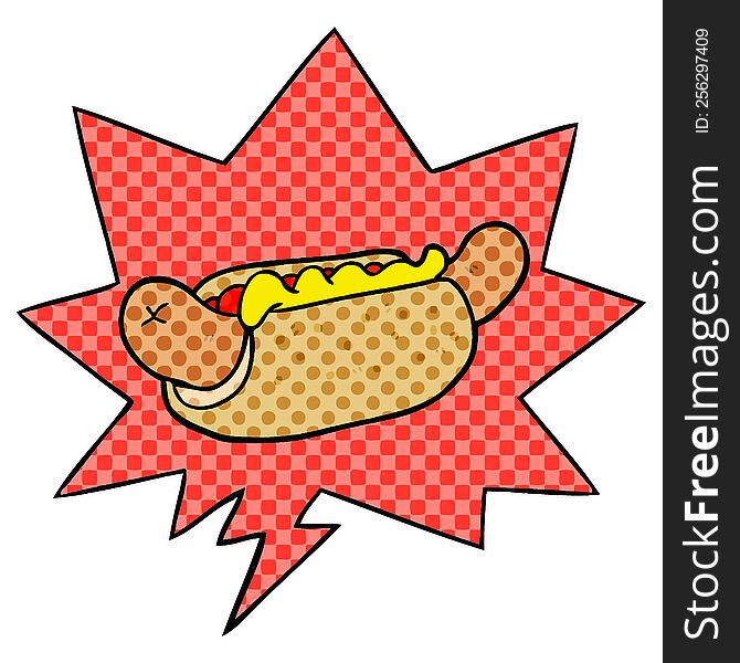 cartoon fresh tasty hot dog with speech bubble in comic book style