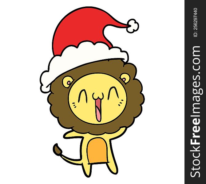 happy hand drawn line drawing of a lion wearing santa hat. happy hand drawn line drawing of a lion wearing santa hat