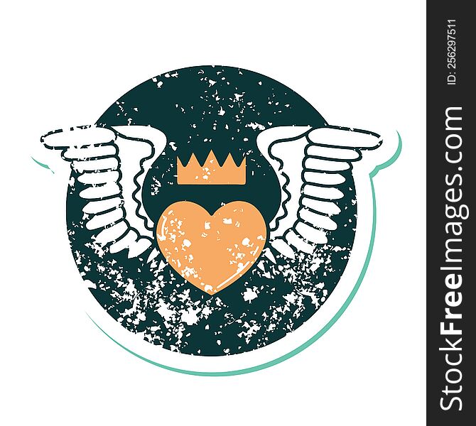 Distressed Sticker Tattoo Style Icon Of A Heart With Wings