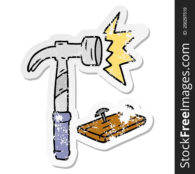 distressed sticker cartoon doodle of a hammer and nails