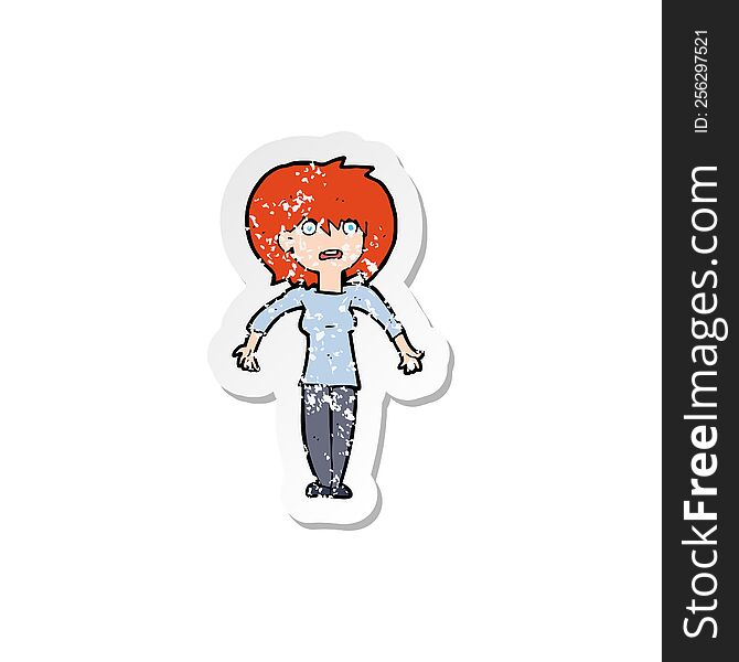 Retro Distressed Sticker Of A Cartoon Woman Shrugging Shoulders