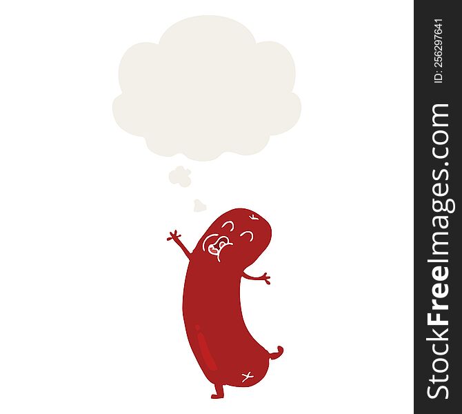 cartoon dancing sausage with thought bubble in retro style