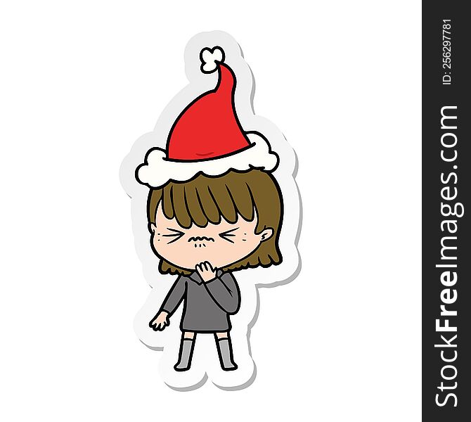 Sticker Cartoon Of A Girl Regretting A Mistake Wearing Santa Hat