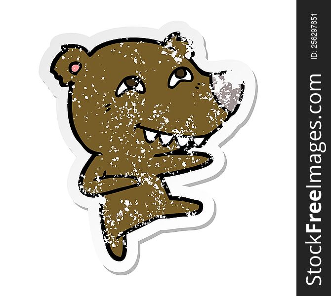 distressed sticker of a cartoon bear showing teeth while dancing