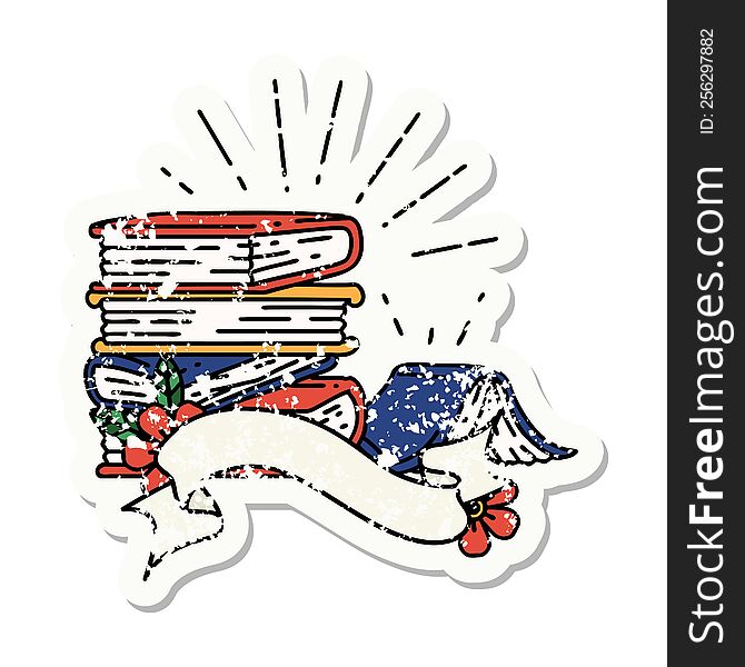 grunge sticker of tattoo style stack of books