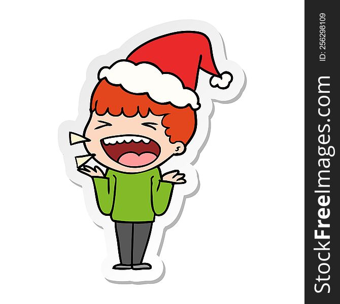 Sticker Cartoon Of A Laughing Man Wearing Santa Hat