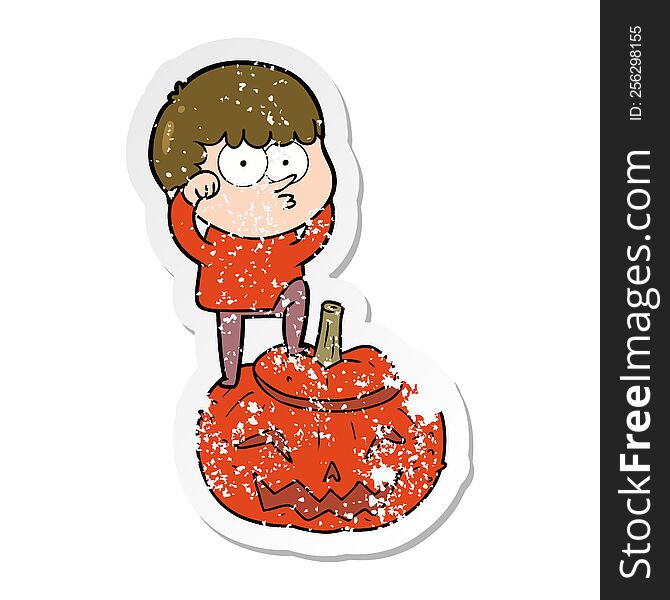 distressed sticker of a cartoon boy on huge pumpkin