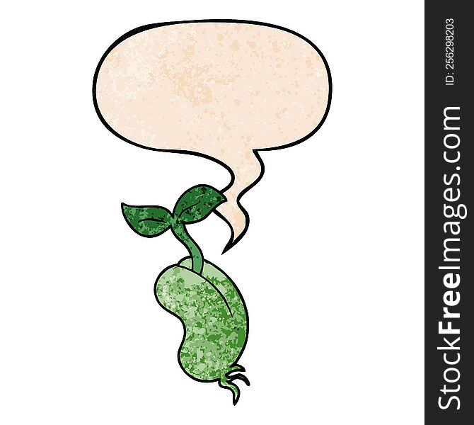 cartoon sprouting seed with speech bubble in retro texture style