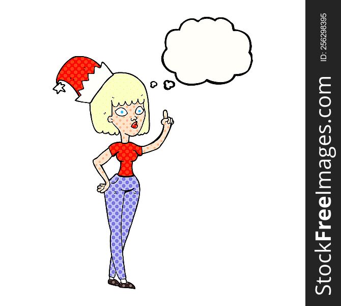 freehand drawn thought bubble cartoon woman wearing christmas hat