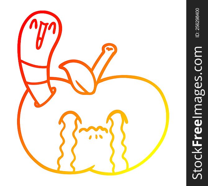 Warm Gradient Line Drawing Cartoon Worm Eating An Apple