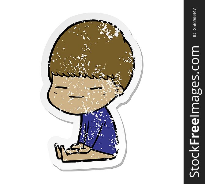 Distressed Sticker Of A Cartoon Smug Boy Sitting
