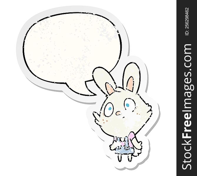 cute cartoon rabbit shrugging shoulders with speech bubble distressed distressed old sticker. cute cartoon rabbit shrugging shoulders with speech bubble distressed distressed old sticker