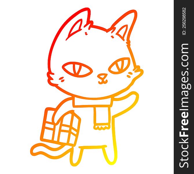 Warm Gradient Line Drawing Cartoon Cat With Gift