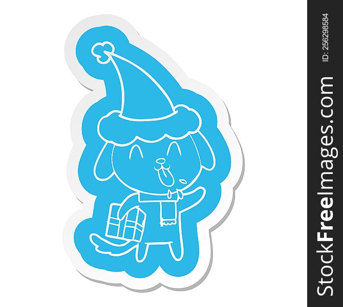 Cute Cartoon  Sticker Of A Dog With Christmas Present Wearing Santa Hat