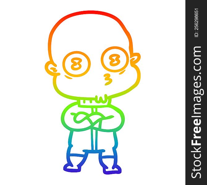 rainbow gradient line drawing of a cartoon weird bald spaceman