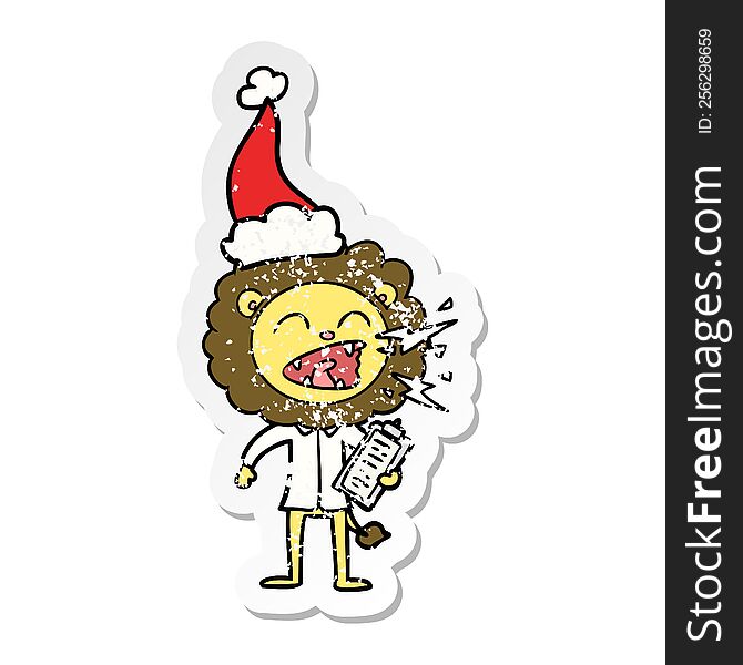 Distressed Sticker Cartoon Of A Roaring Lion Doctor Wearing Santa Hat