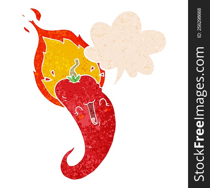 Cartoon Flaming Hot Chili Pepper And Speech Bubble In Retro Textured Style