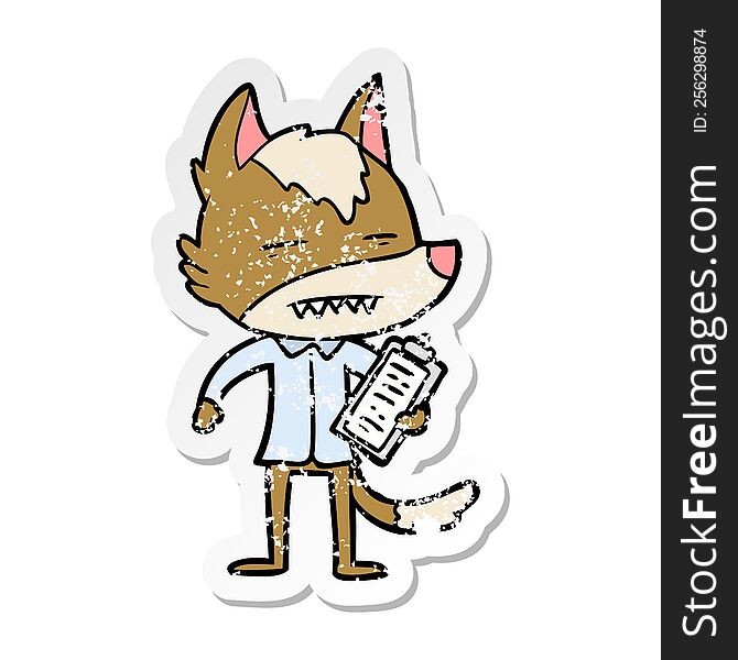 distressed sticker of a cartoon office wolf showing teeth