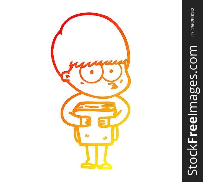 warm gradient line drawing of a nervous cartoon boy holding book