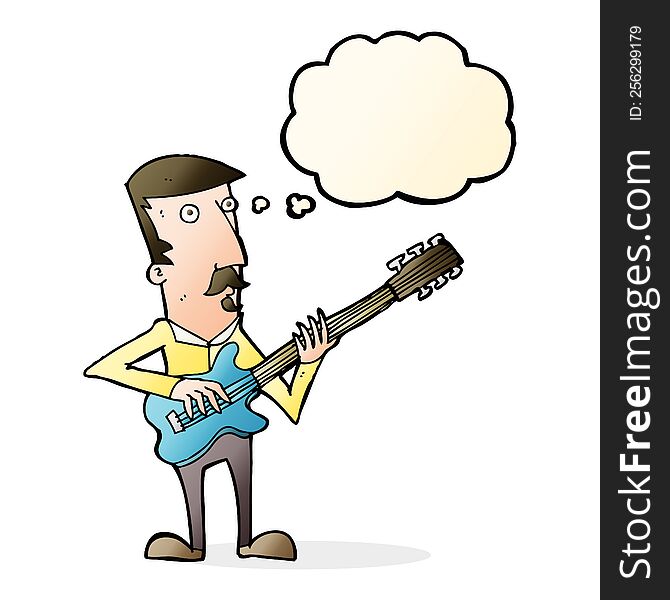 cartoon man playing electric guitar with thought bubble